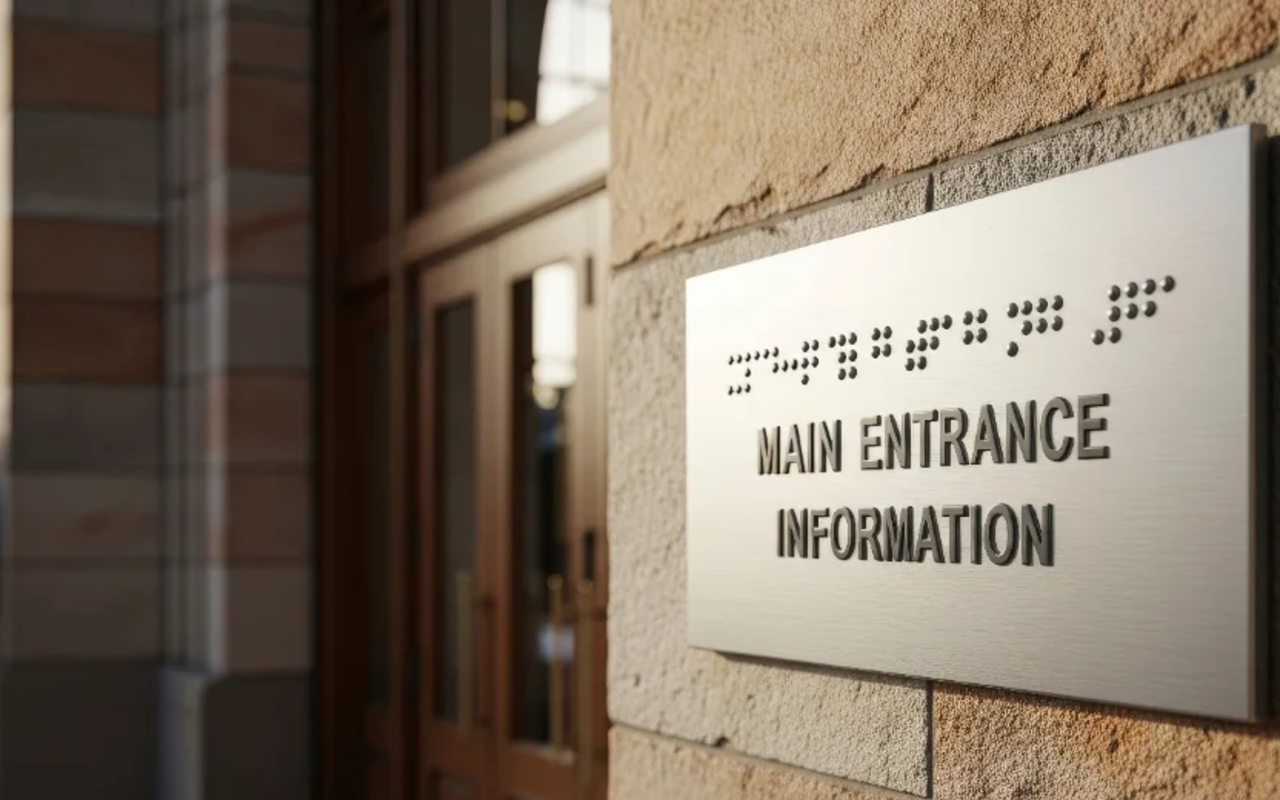 Installed campus wayfinding — directional signage in situ