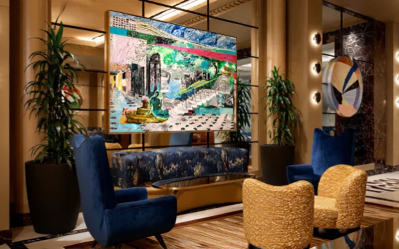 Hotel suite or lobby with installed art