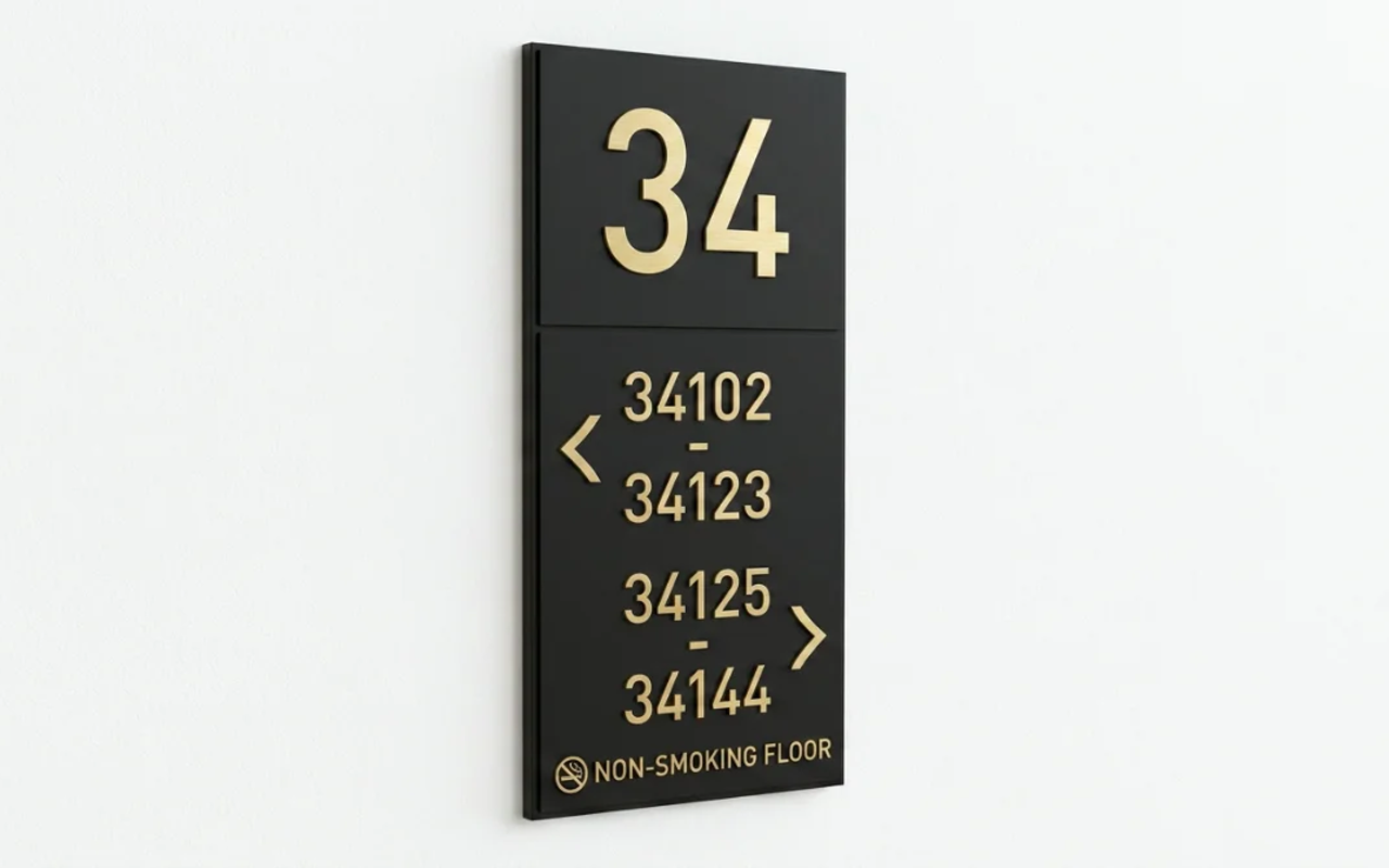 Installed directional signage in a corridor or concourse